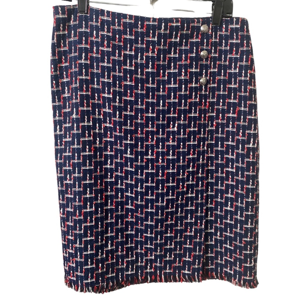 Talbots Tweed Faux Wrap Pencil Skirt With Fringe Trim Womens Size 10